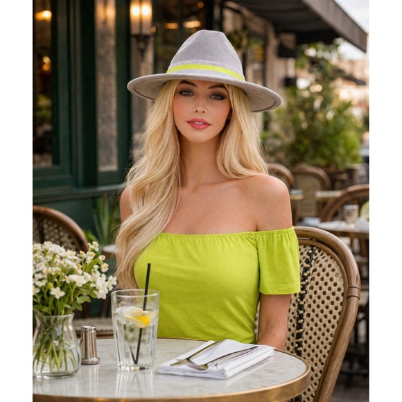 Fedora Hat Gray Women with Gray, Lime & Silver Band along with Small Lime‎ Scarf main image 5